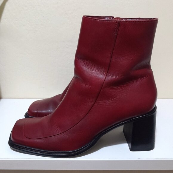 Red Leather Square Toe Connie Ankle Boots Sz 6.5M Made In Brazil - Picture 3 of 9